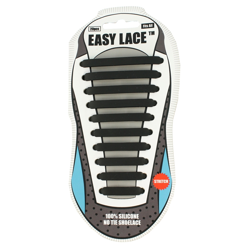 Easy Lace Silicone Shoelaces - Flat Black - Card of 20 pieces
