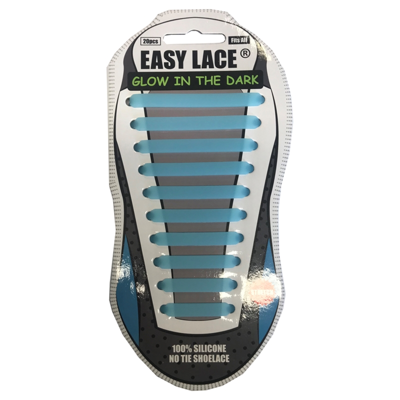 Easy Lace Silicone Shoelaces - Flat Glow in Dark, Blue - Card of 20 pieces