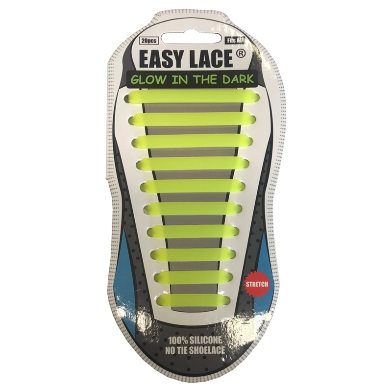 Easy Lace Silicone Shoelaces - Flat Glow in Dark, Yellow - Card of 20 pieces
