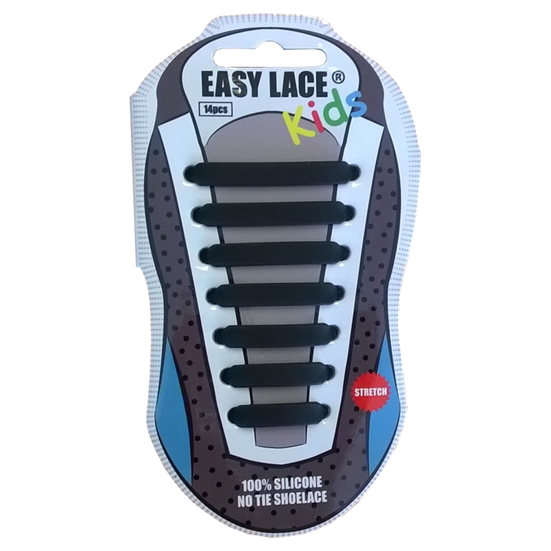 Easy Lace Kids Silicone Laces Flat Black - Card of 14 pieces