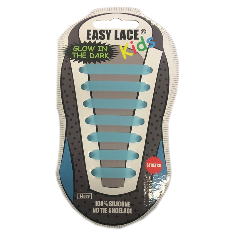 Easy Lace Kids Silicone Laces Flat Glow in Dark, Blue - Card of 14 pieces