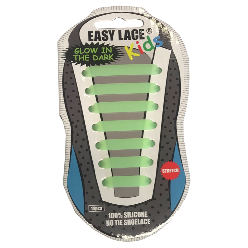 Easy Lace Kids Silicone Laces Flat Glow in Dark, Green - Card of 14 pieces