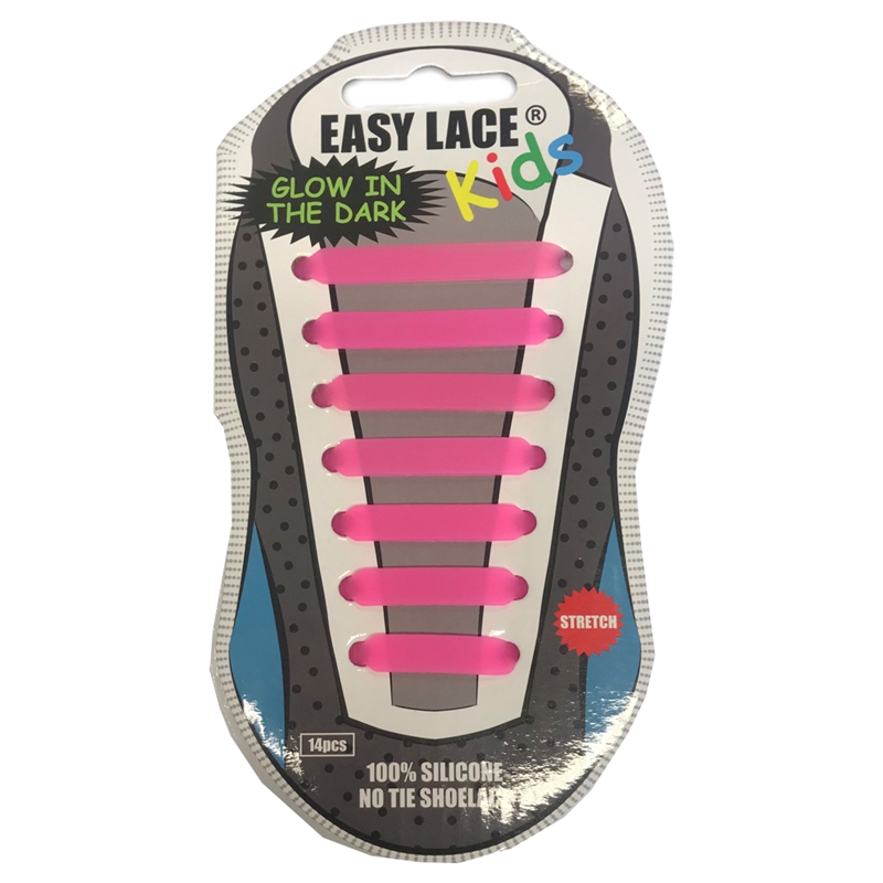 Easy Lace Kids Silicone Laces Flat Glow in Dark, Pink - Card of 14 pieces