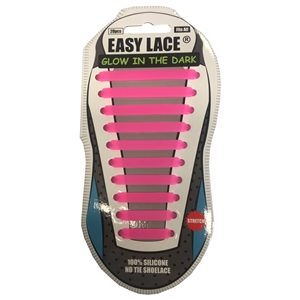 Easy Lace Silicone Shoelaces - Flat Glow in Dark, Pink - Card of 20 pieces